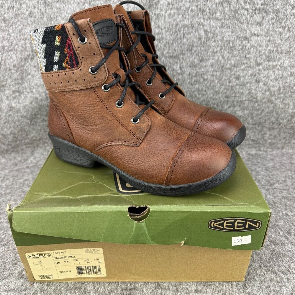 ✅Womens 7.5 Keen Tyretread Brown Leather Lace Up Ankle Boots Tortoise Shell Cuff